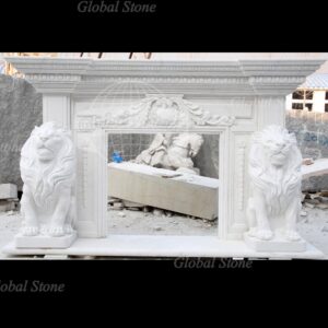 Exquisite Lion Themed White Marble Fireplace Mantel MFP-153