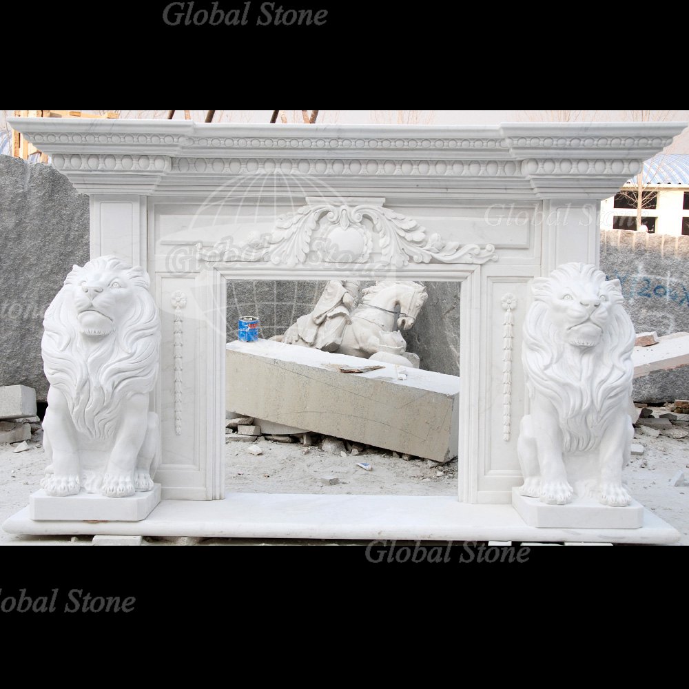 Exquisite Lion Themed White Marble Fireplace Mantel MFP-153