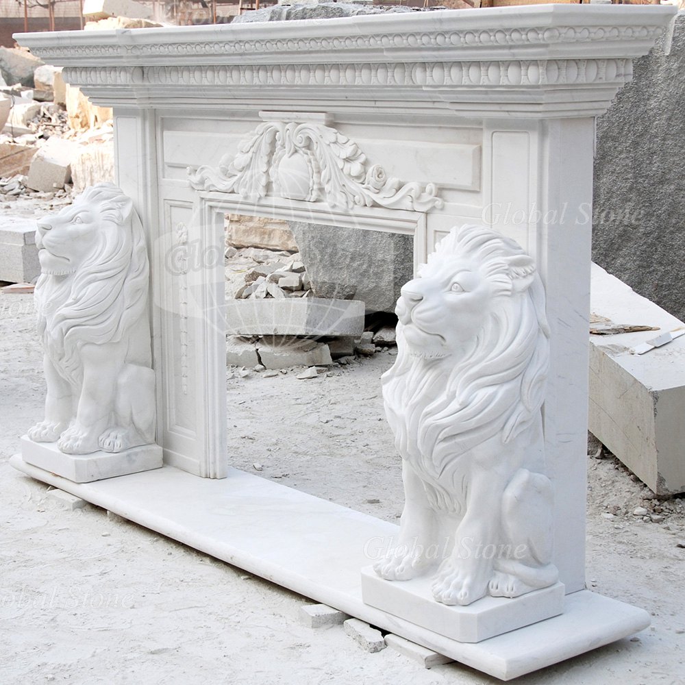 Exquisite Lion Themed White Marble Fireplace Mantel MFP-153 - Image 3