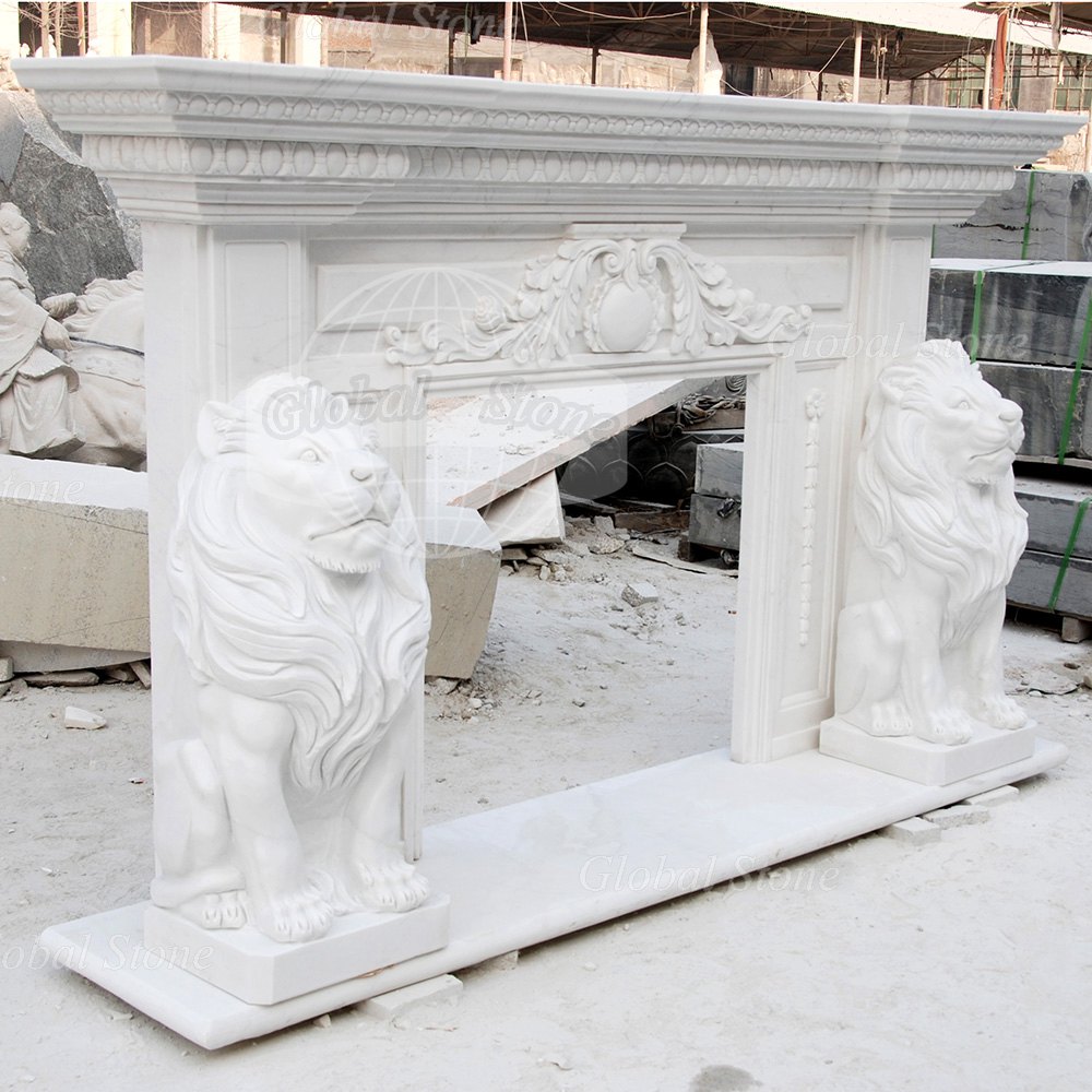 Exquisite Lion Themed White Marble Fireplace Mantel MFP-153 - Image 2