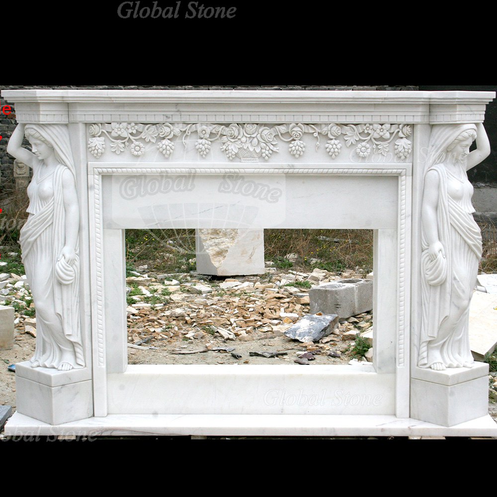 Hand Carved White Marble Fireplace Surround With Figural Maidens MFP-155