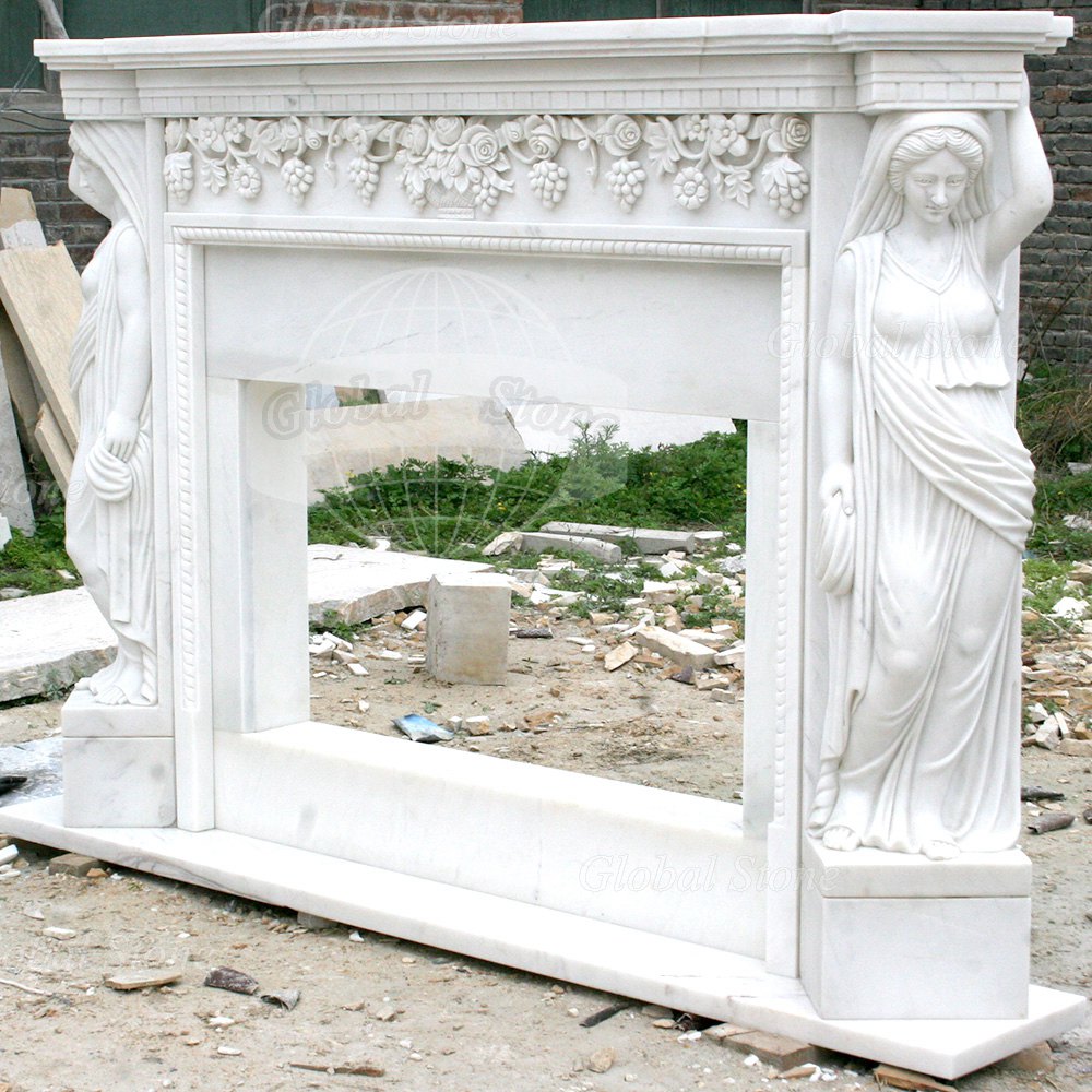 Hand Carved White Marble Fireplace Surround With Figural Maidens MFP-155 - Image 3