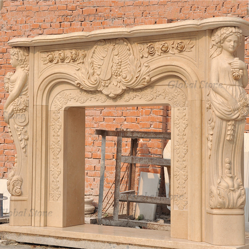 Hand Carved Nature Beige Marble Fireplace Surround MFP-251 - Image 2