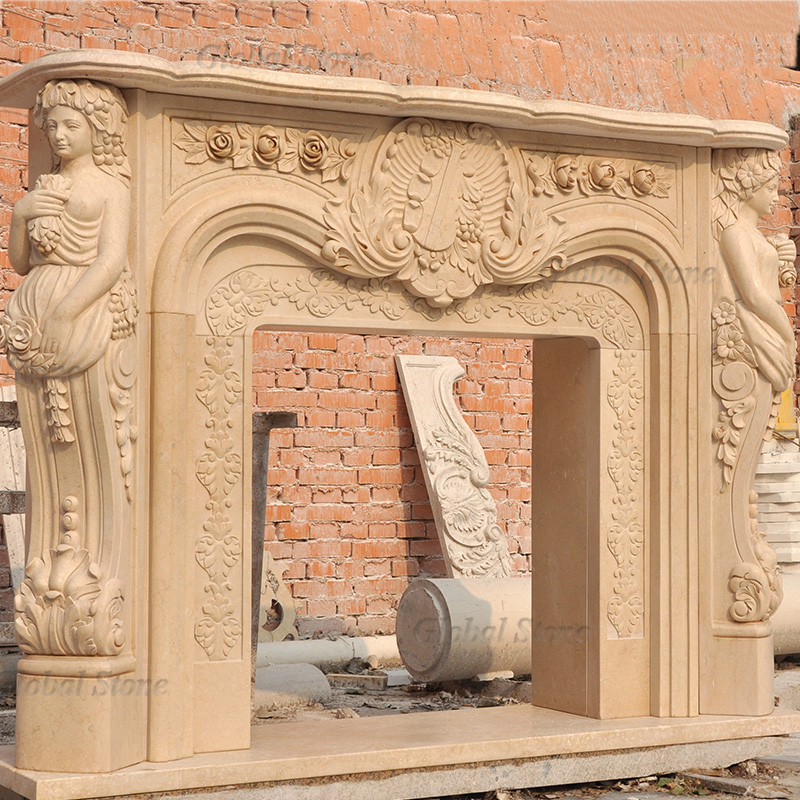 Hand Carved Nature Beige Marble Fireplace Surround MFP-251 - Image 3