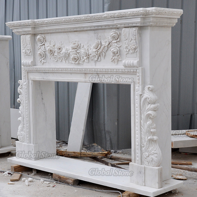 Hand Carved Natural White Marble Fireplace MFP-268 - Image 3