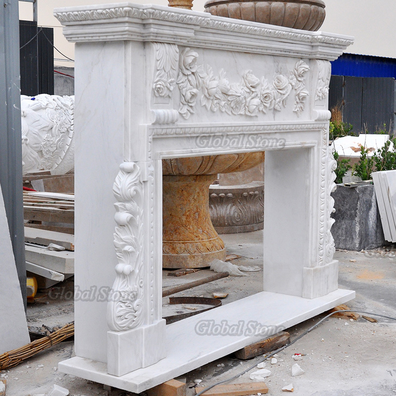Hand Carved Natural White Marble Fireplace MFP-268 - Image 2