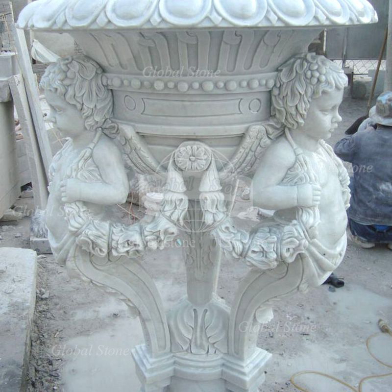 Hand Carved White Marble Flower With A Statue Of Children - Image 3