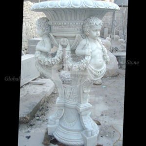 Hand Carved White Marble Flower With A Statue Of Children