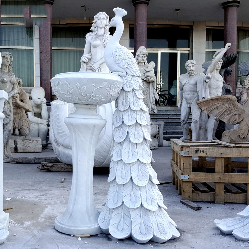 Hand Carved Large White Marble Peacock Planter Pot for Garden MGP-602 - Image 2