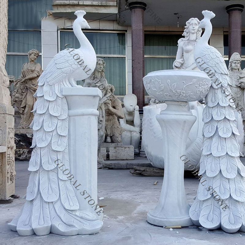 Hand Carved Large White Marble Peacock Planter Pot for Garden MGP-602
