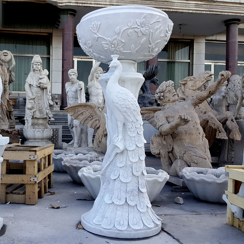 Hand Carved Large White Marble Peacock Planter Pot for Garden MGP-602 - Image 3