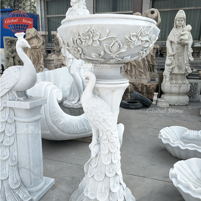 Hand Carved Large White Marble Peacock Planter Pot for Garden MGP-602 - Image 4