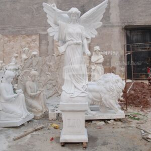 White Marble Standing Angel Statue | Winged Memorial Sculpture MEM-102