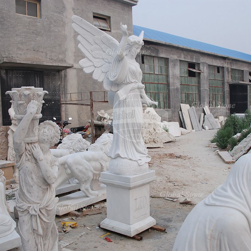 White Marble Standing Angel Statue | Winged Memorial Sculpture MEM-102 - Image 3