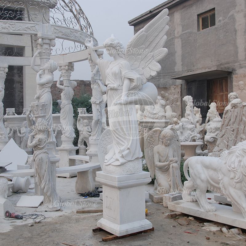 White Marble Standing Angel Statue | Winged Memorial Sculpture MEM-102 - Image 2