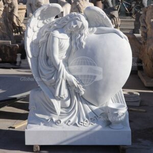 White Marble Kneeling Angel Memorial | Heart Headstone Monument