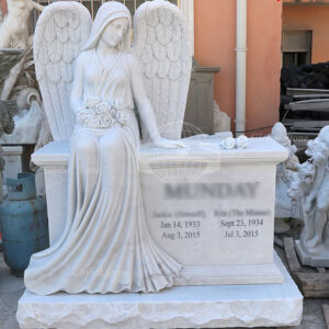 White Marble Seated Angel with Roses Memorial MEM-107