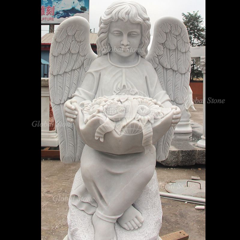 Hand‑Carved Child Angel Holding Flowers Memorial for Church & Memorial Garden MEM-109 - Image 5