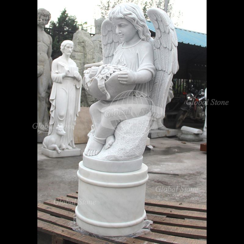 Hand‑Carved Child Angel Holding Flowers Memorial for Church & Memorial Garden MEM-109 - Image 3
