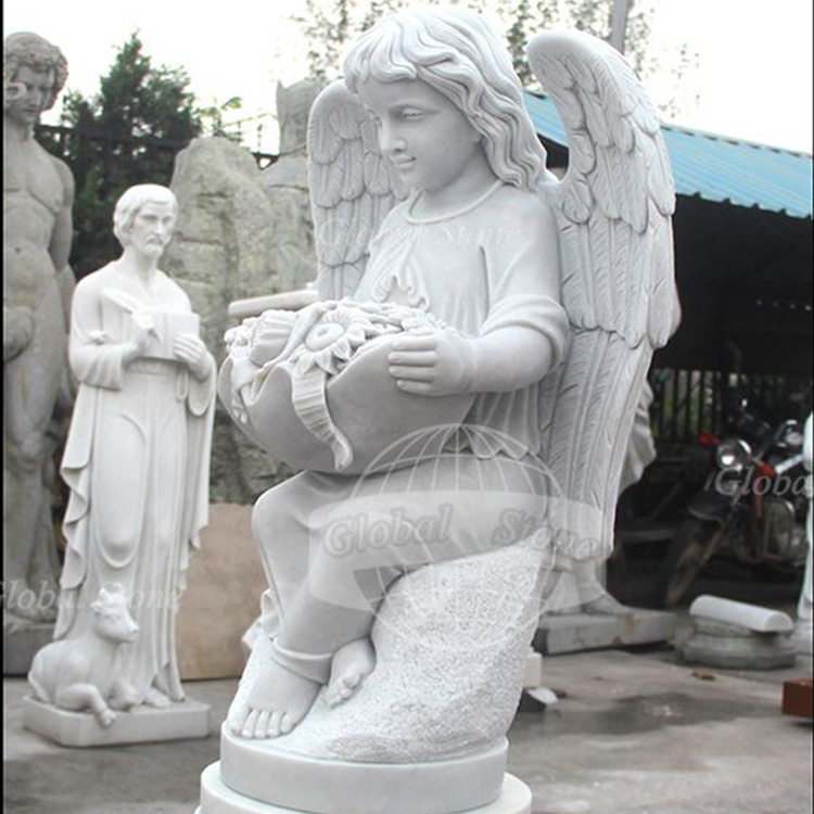 Hand‑Carved Child Angel Holding Flowers Memorial for Church & Memorial Garden MEM-109 - Image 4