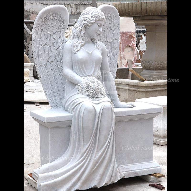 White Marble Seated Angel on Bench with Rose Memorial MEM-110 - Image 2