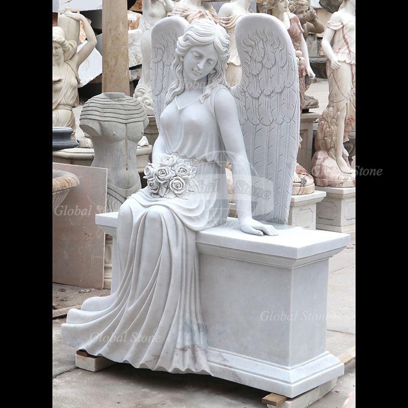 White Marble Seated Angel on Bench with Rose Memorial MEM-110 - Image 3