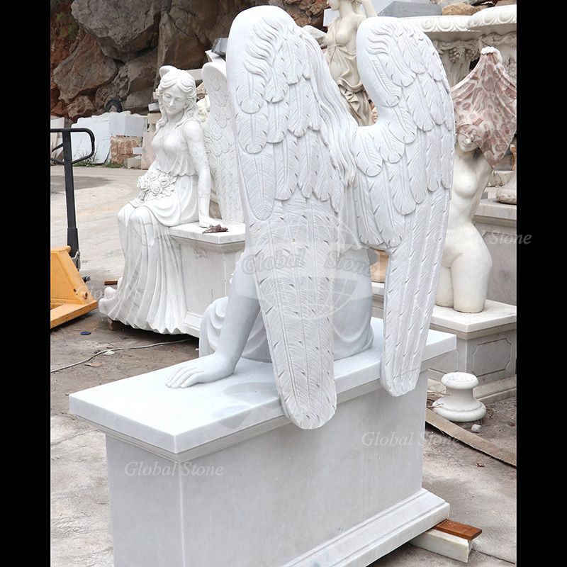 White Marble Seated Angel on Bench with Rose Memorial MEM-110 - Image 5