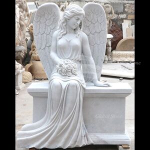 White Marble Seated Angel on Bench with Rose Memorial  MEM-110
