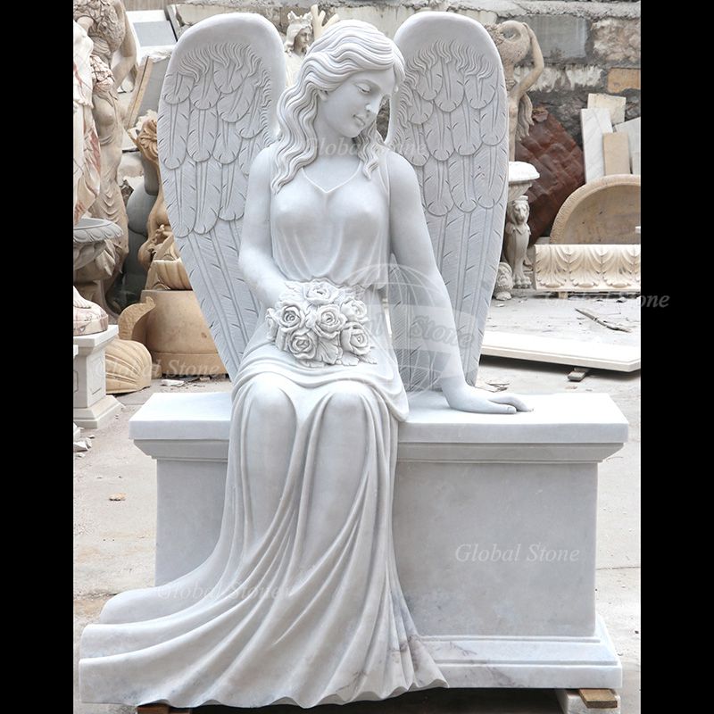 White Marble Seated Angel on Bench with Rose Memorial MEM-110