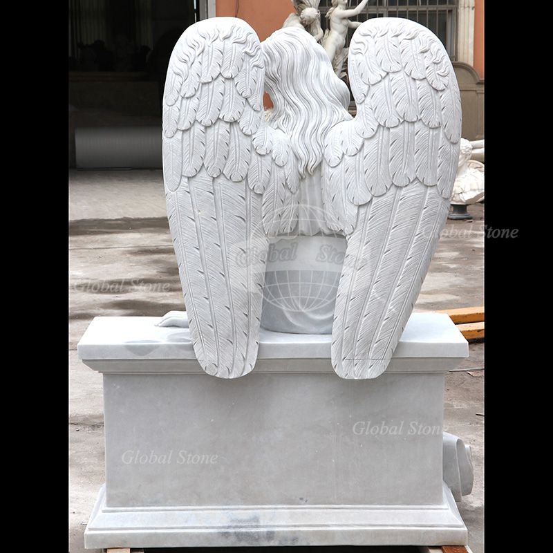 White Marble Seated Angel on Bench with Rose Memorial MEM-110 - Image 4