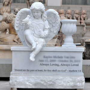 Hand‑Carved White Marble Little Girl Angel with Two Doves Memorial