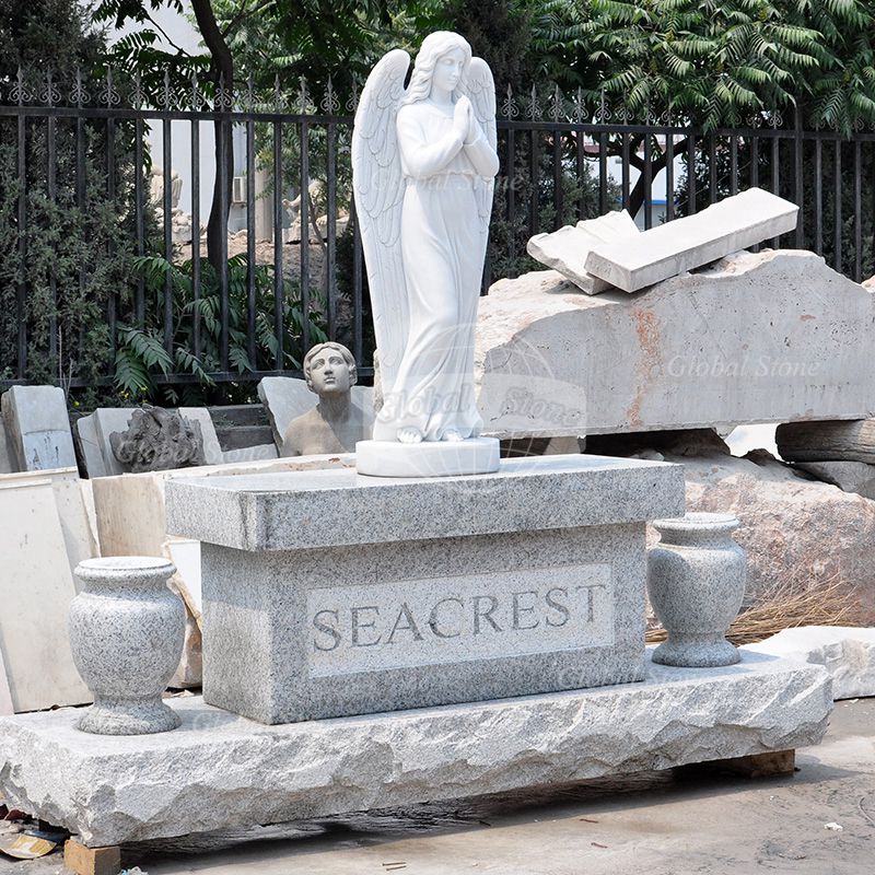 Grey Granite Monument with White Marble Praying Angel & Two Urns MEM-115 - Image 2