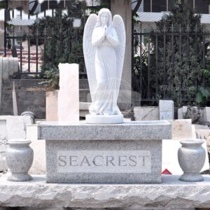 Grey Granite Monument with White Marble Praying Angel & Two Urns MEM-115
