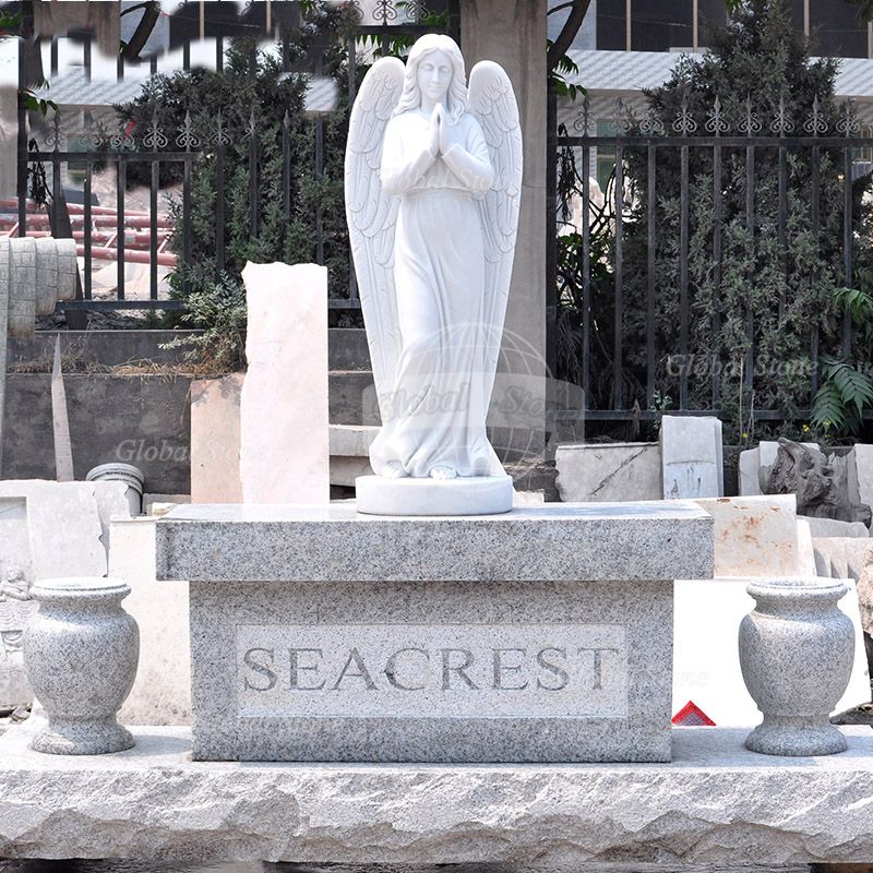 Grey Granite Monument with White Marble Praying Angel & Two Urns MEM-115