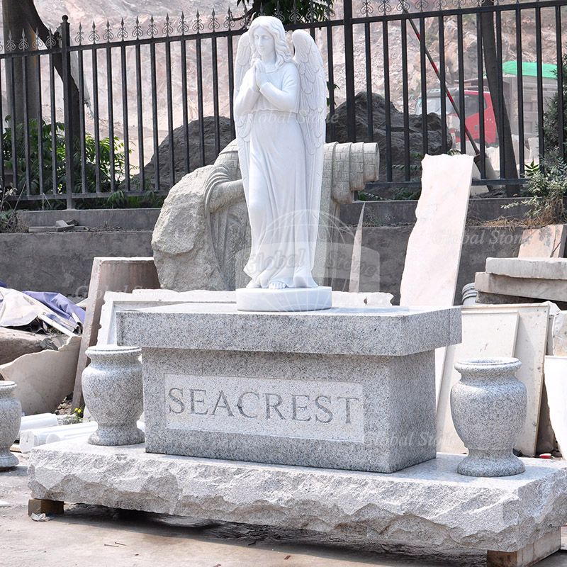 Grey Granite Monument with White Marble Praying Angel & Two Urns MEM-115 - Image 3