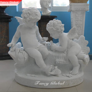 White Marble Two Cherubs Statue Playing Group Sculpture MS-521